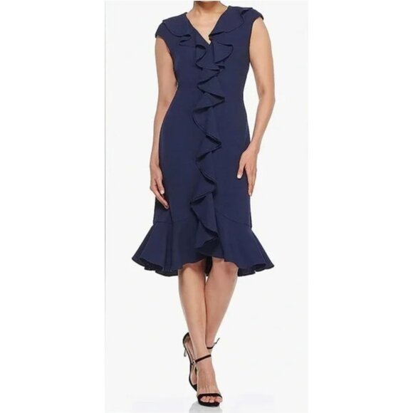 Maggy London Shift Dress Womens 10 Blue Ruffle Career Night Out Event Occasion - Picture 1 of 12